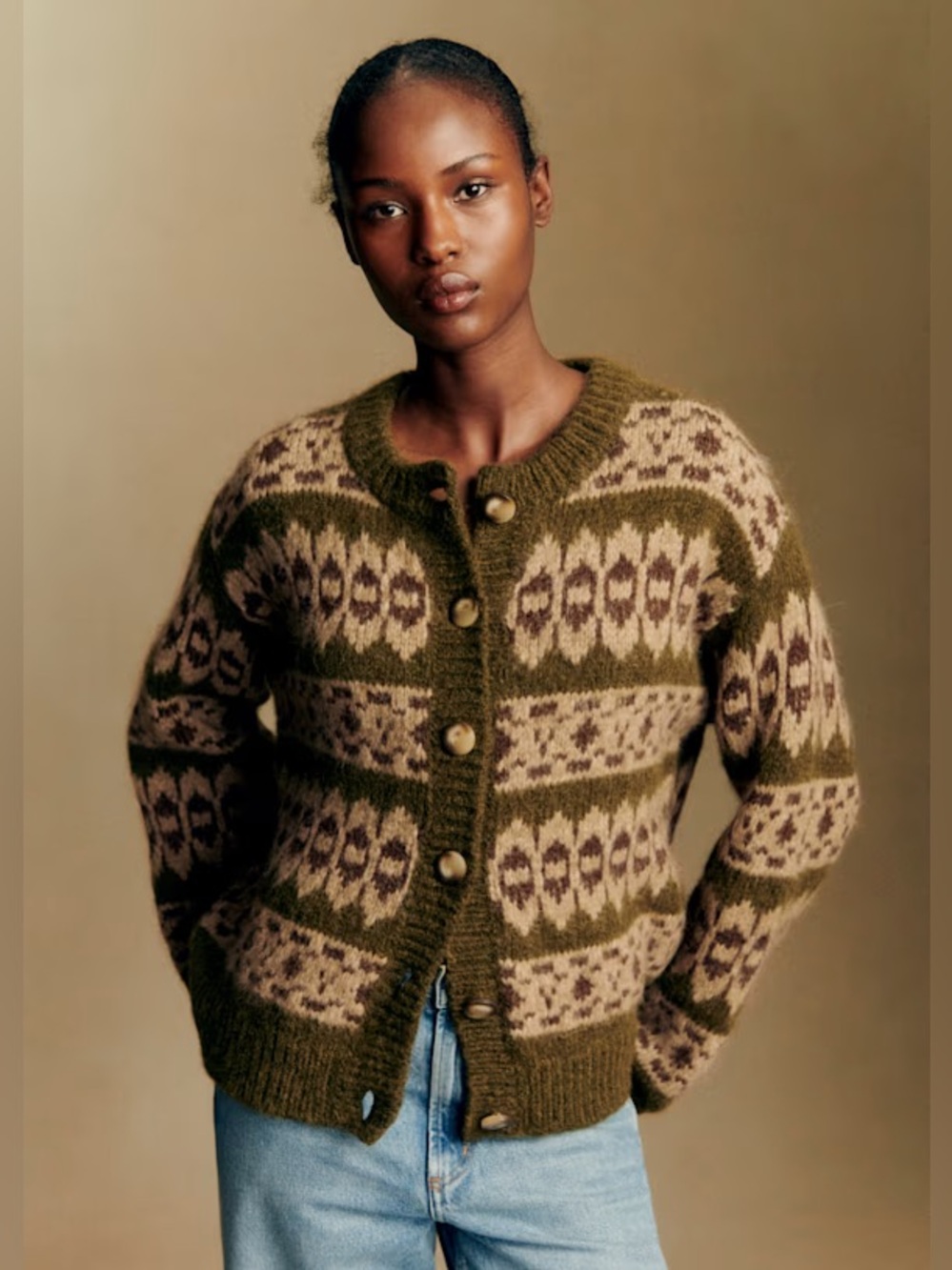 Sezane x Baziszt Thomas cardigan jumper sweater size Large olive green beige - Picture 2 of 9